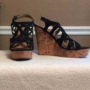 Black scrappy wedge sandals